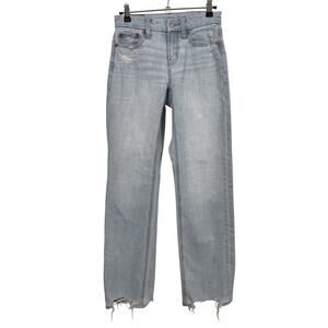 American Eagle Straight Jeans Womens 000 Blue High Rise Curvy Distressed Raw Hem